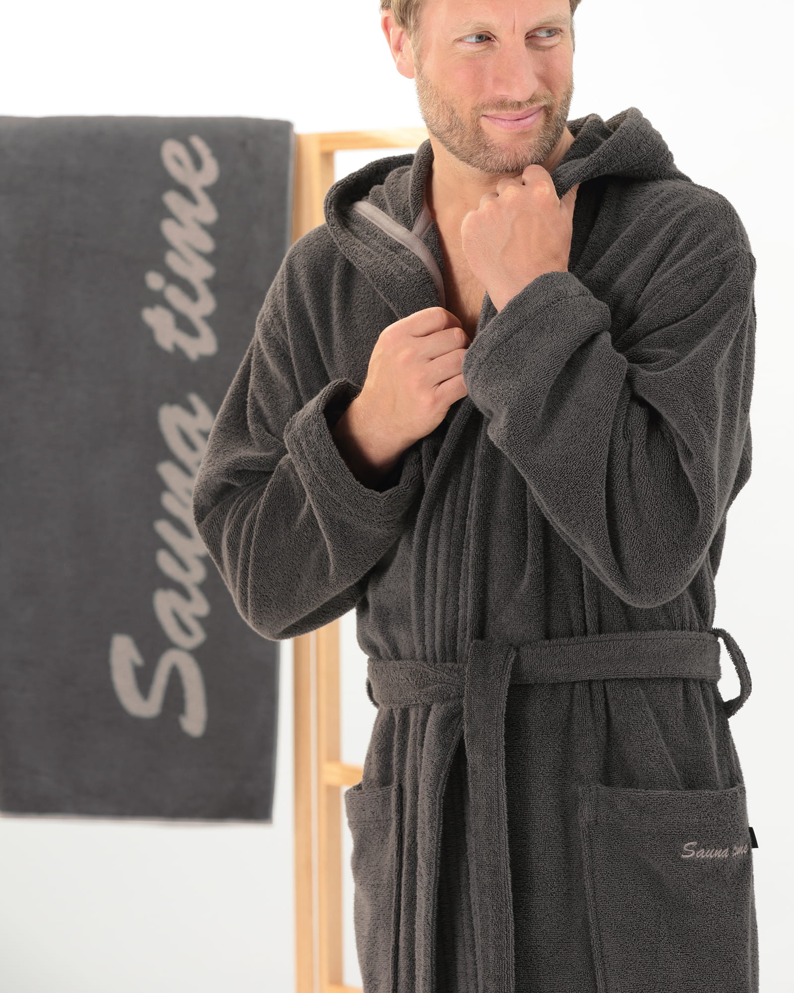 Cawö Home Bademantel Sauna Time Herren Kapuze 833 - Farbe: stein - 79