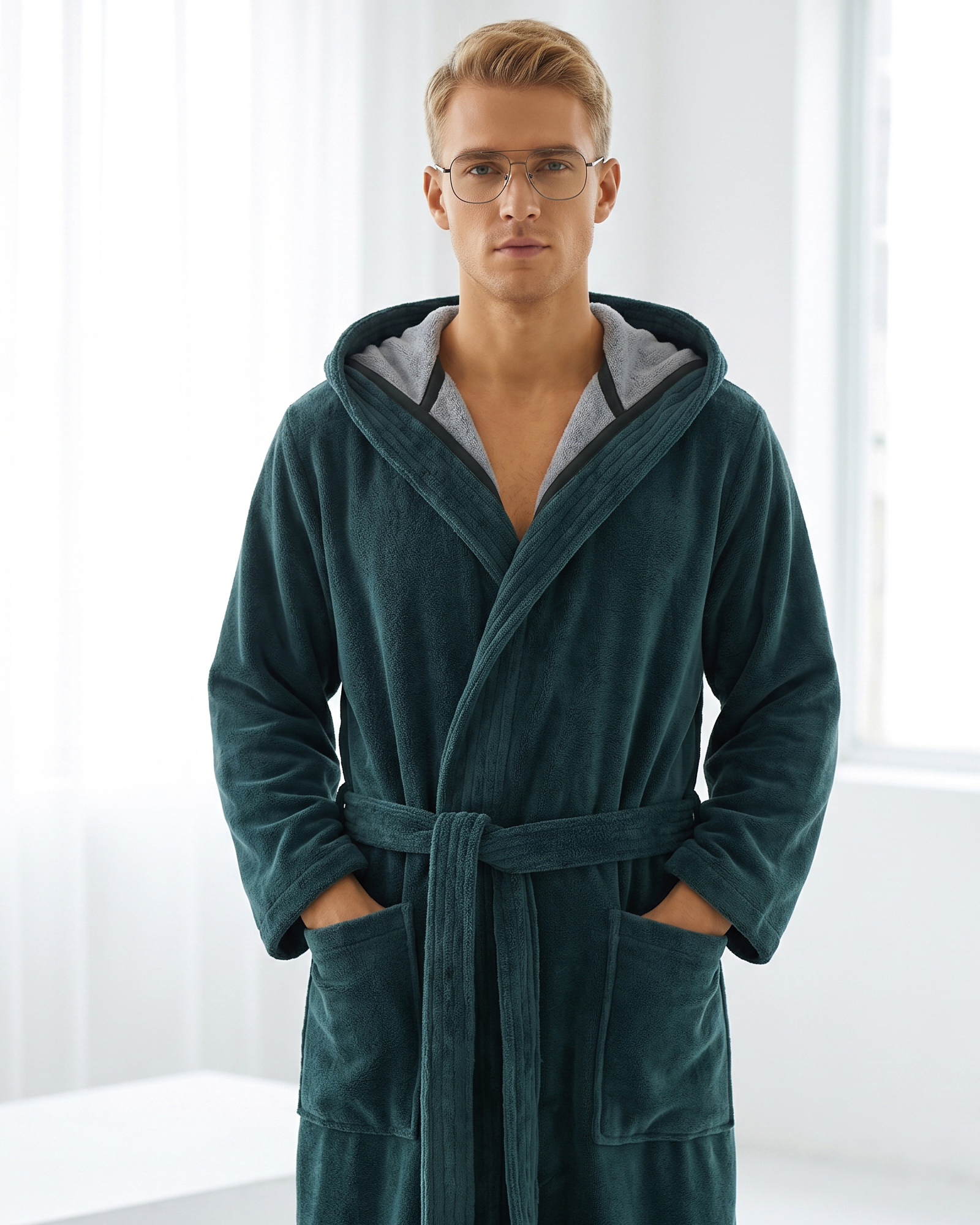 Cawö Home Bademäntel Herren Kapuze Doubleface 831 petrol - 49 - S